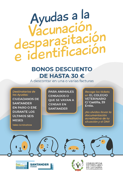 El Colegio de Cantabria y el Ayuntamiento de Santander facilitarán ayudas a la vacunación, desparasitación e identificación de mascotas de personas con dificultades económicas