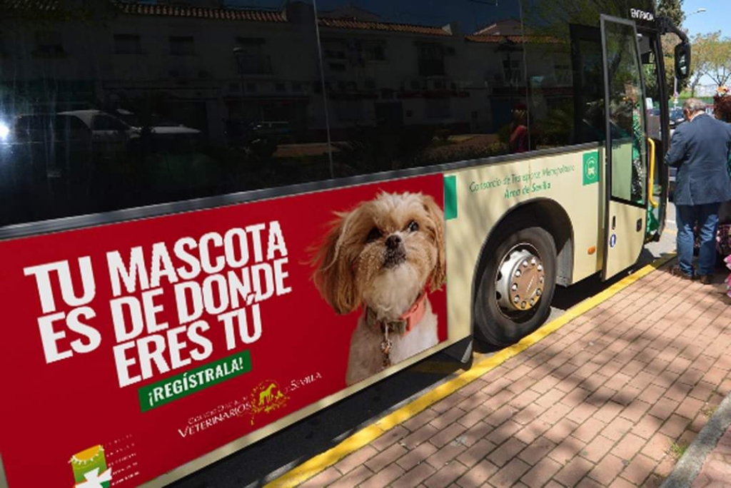 Autobuses metropolitanos del Aljarafe llevan rotulada una campaña del Colegio de Sevilla sobre identificación y tenencia responsable
