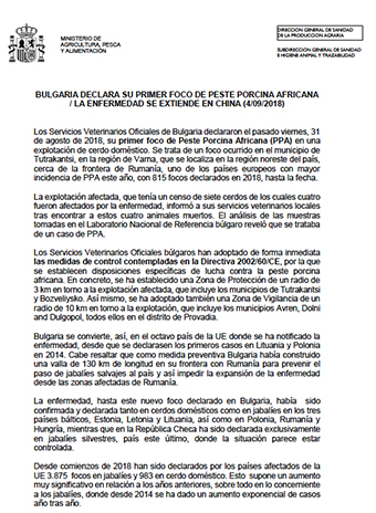 BULGARIA DECLARA SU PRIMER FOCO DE PESTE PORCINA AFRICANA / LA ENFERMEDAD SE EXTIENDE EN CHINA (4/09/2018)