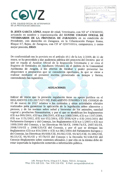 ALEGACIONES DEL COLEGIO DE ZARAGOZA AL PROYECTO DE DECRETO SOBRE LOS AOIV