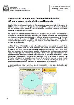 DECLARACIÓN DE UN NUEVO FOCO DE PESTE PORCINA AFRICANA EN CERDO DOMÉSTICO EN RUMANÍA