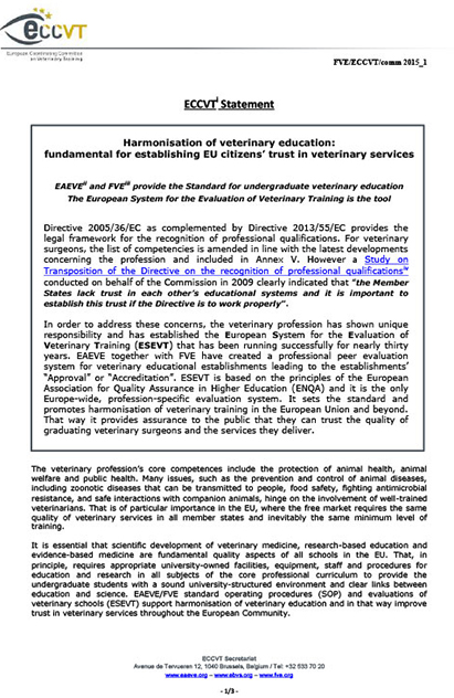 FVE Y AEVE ARMONIZACIÓN DE LOS ESTUDIOS VETERINARIOS EN LA UE